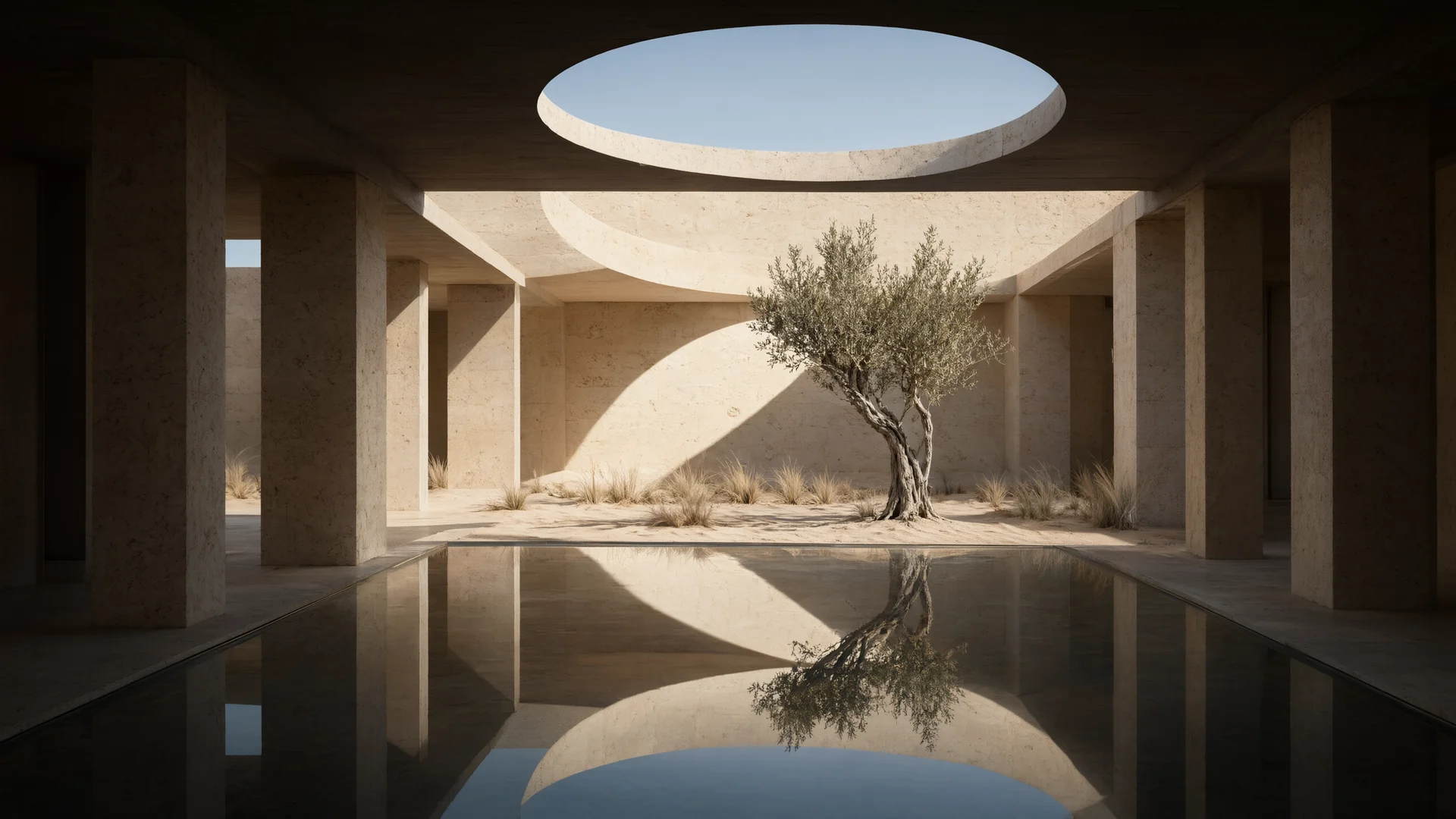 Sculptural travertine retreat with a circular opening to the desert sky