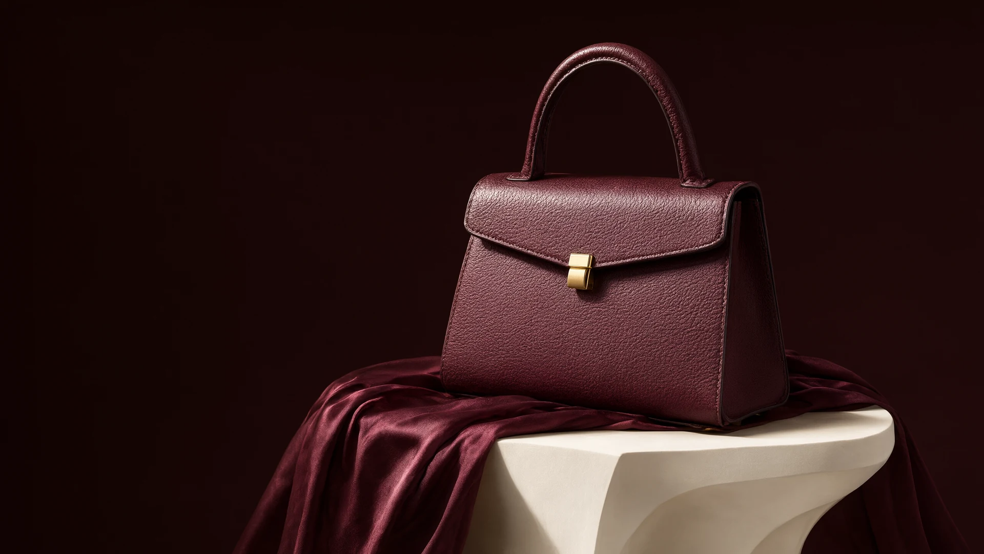 Oxblood leather handbag under directional studio light with sculptural folds and a defined handle