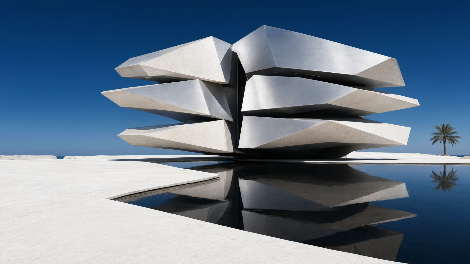 Layered sculptural architecture reflected in still water beneath a cobalt sky