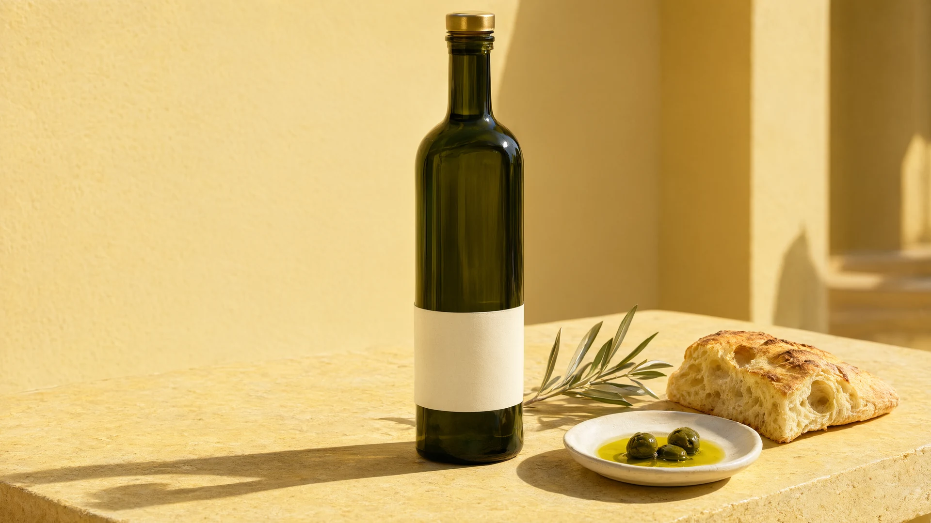 Olive oil bottle in a sunlit yellow still life with bread, olives, and an olive branch