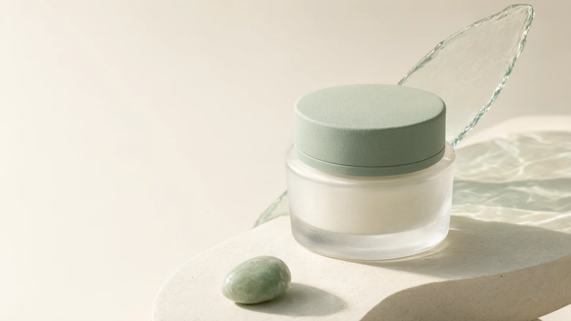 Ivory skincare jar with a sage lid on pale stone beside translucent glass and a green pebble