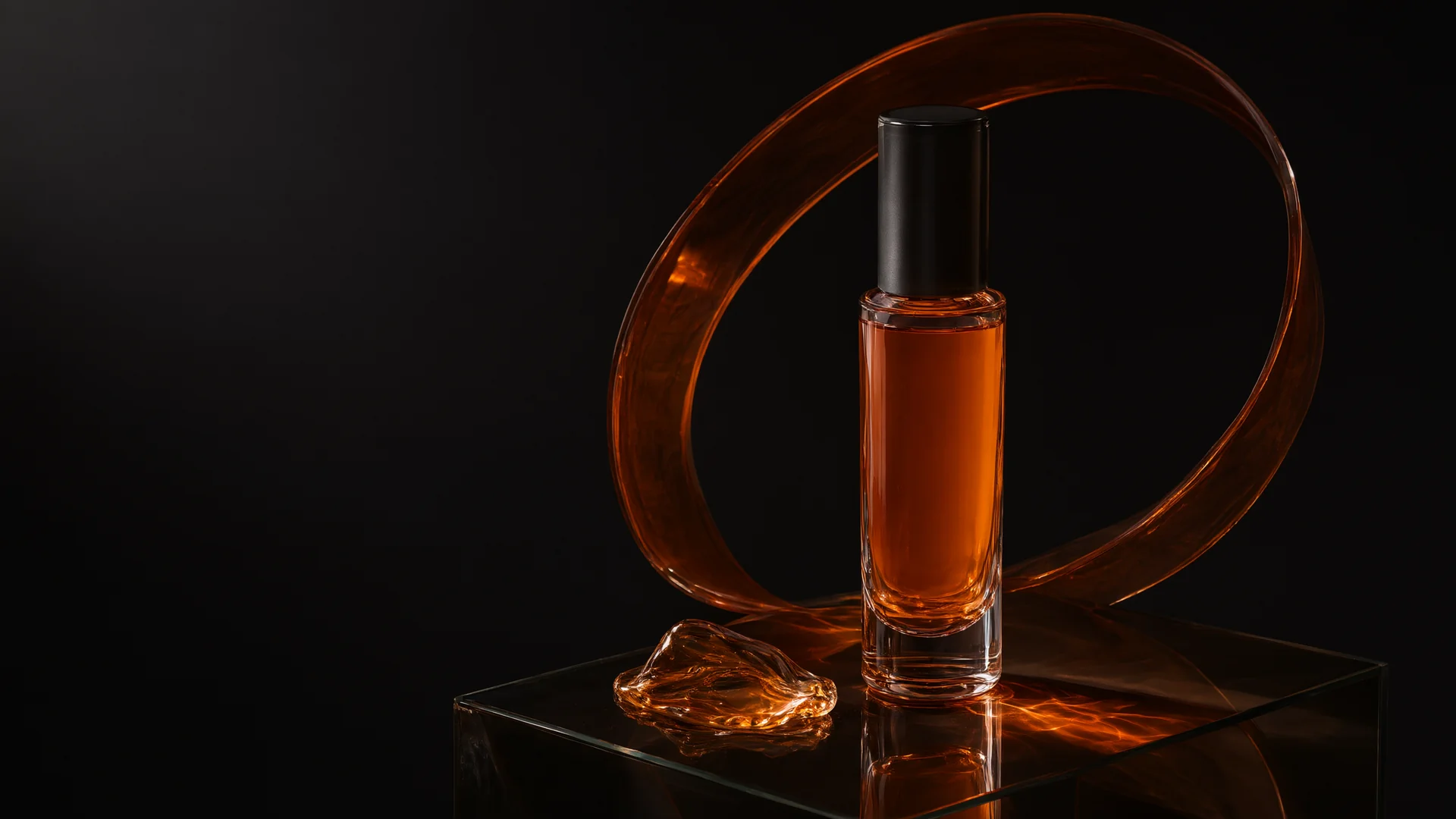 Amber glass skincare bottle with translucent orange sculptural forms on a dark studio surface